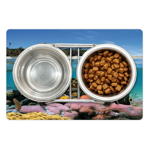 Central America Pet Mat for Food and Water, Underwater and Above View with a Beach and a Coral Reef with Exotic Fish, Non-Slip Rubber Mat for Dogs and Cats, 18" X 12", by Ambesonne