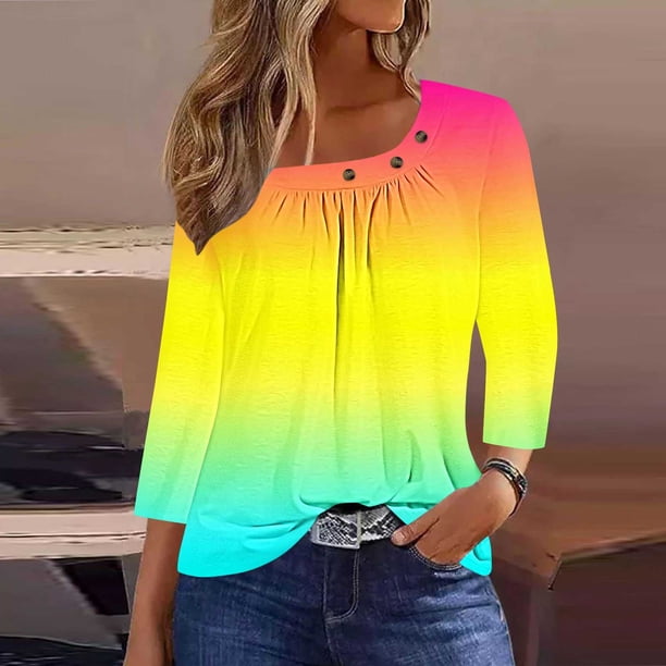 Fiudx Ropa de Mujer Blusa de Manga 3/4 a La Moda para Mujer, Camiseta Estampada, Top Informal