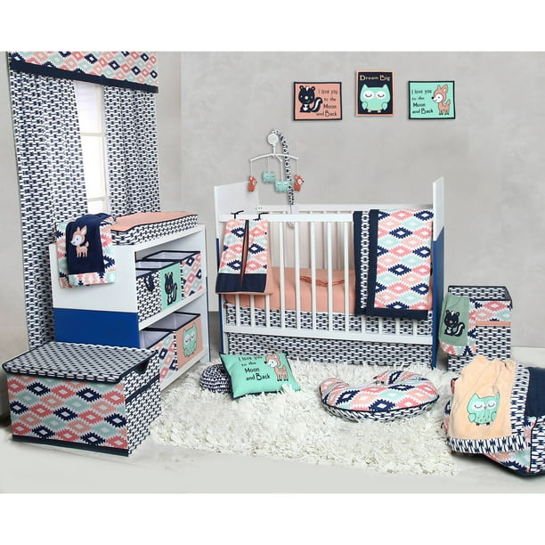 Bacati Emma Aztec Coral Mint Navy 10 Piece Nursery In A Bag Crib