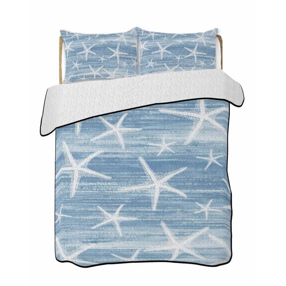 Quilts Twin-XL Size Bedding Set, Blue Coastal Starfish Lightweight Quilted Comforter, Nautical Summer Beach Ocean Soft Reversible Bedspread Coverlet with Pillow Covers for All Season, 68" x 98"