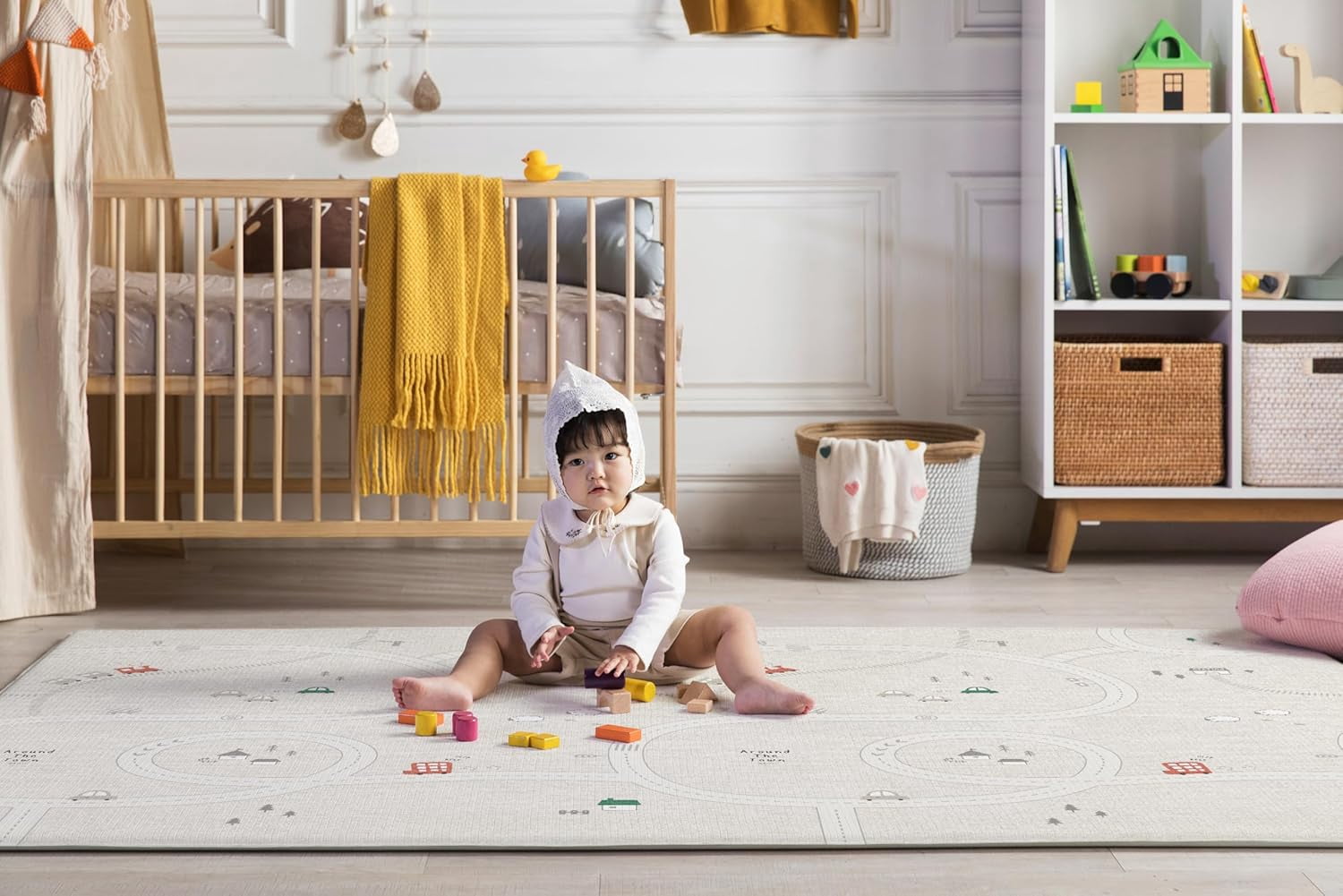 Parklon Ultra-Soft Cushioned Baby Play Mat (Around Town + Fabric Beige, One-Piece, Reversible, Water Resistant, Medium)