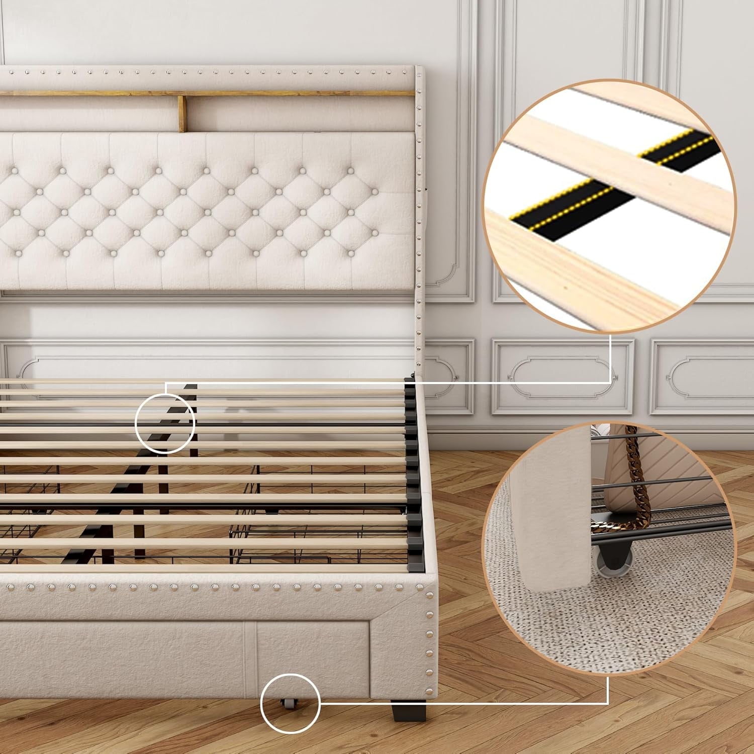 Pipleo Full Size Bed Frame with headboard, Full Bed Frame with 3 Drawers, Velvet Upholstered Platform Bed Frame with Storage, LED Lights and Charging Station