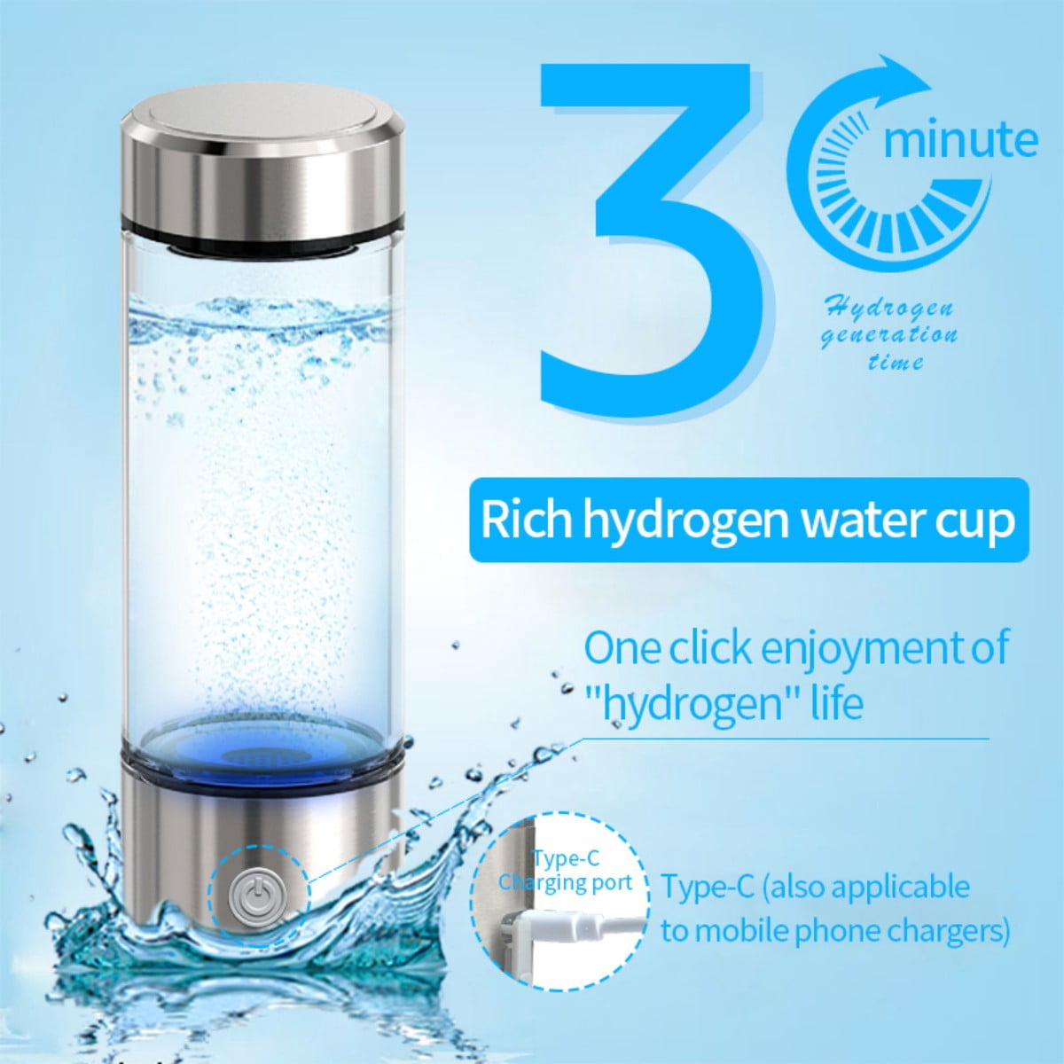 Portable Hydrogen Water Bottle Generator - 420ml SPE/PEM Technology, USB Rechargeable, Alkaline Hydrogen-Rich Water for Health, Travel, Gym & Office Use