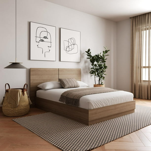 Nexera Milano Queen Platform Bed with Headboard, Brown Oak