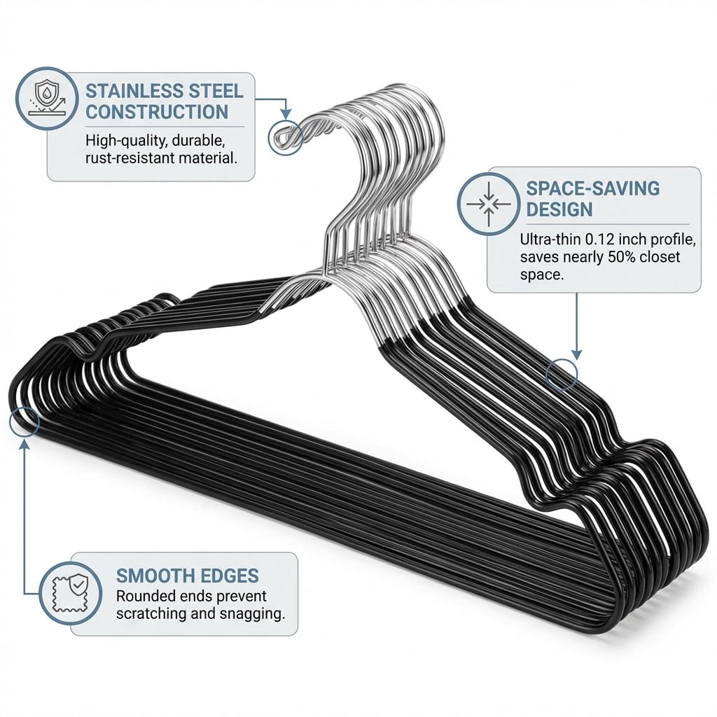 24-Pack Metal Hangers with Shoulder Notch - Heavy Duty Wire Clothes Hangers, Ultra-Thin Stainless Steel, Non-Slip, Space-Saving Coat Hangers for Home, and Hotels - Rust-Resistant and Durable