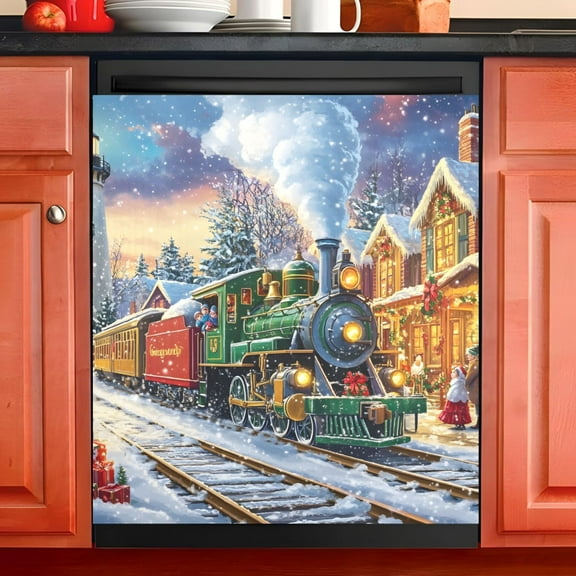 Ryvnso Train in Winter Christmas Dishwasher Magnetic Refrigerator Magnet Cover Kitchen Home Decorative 23"x26"