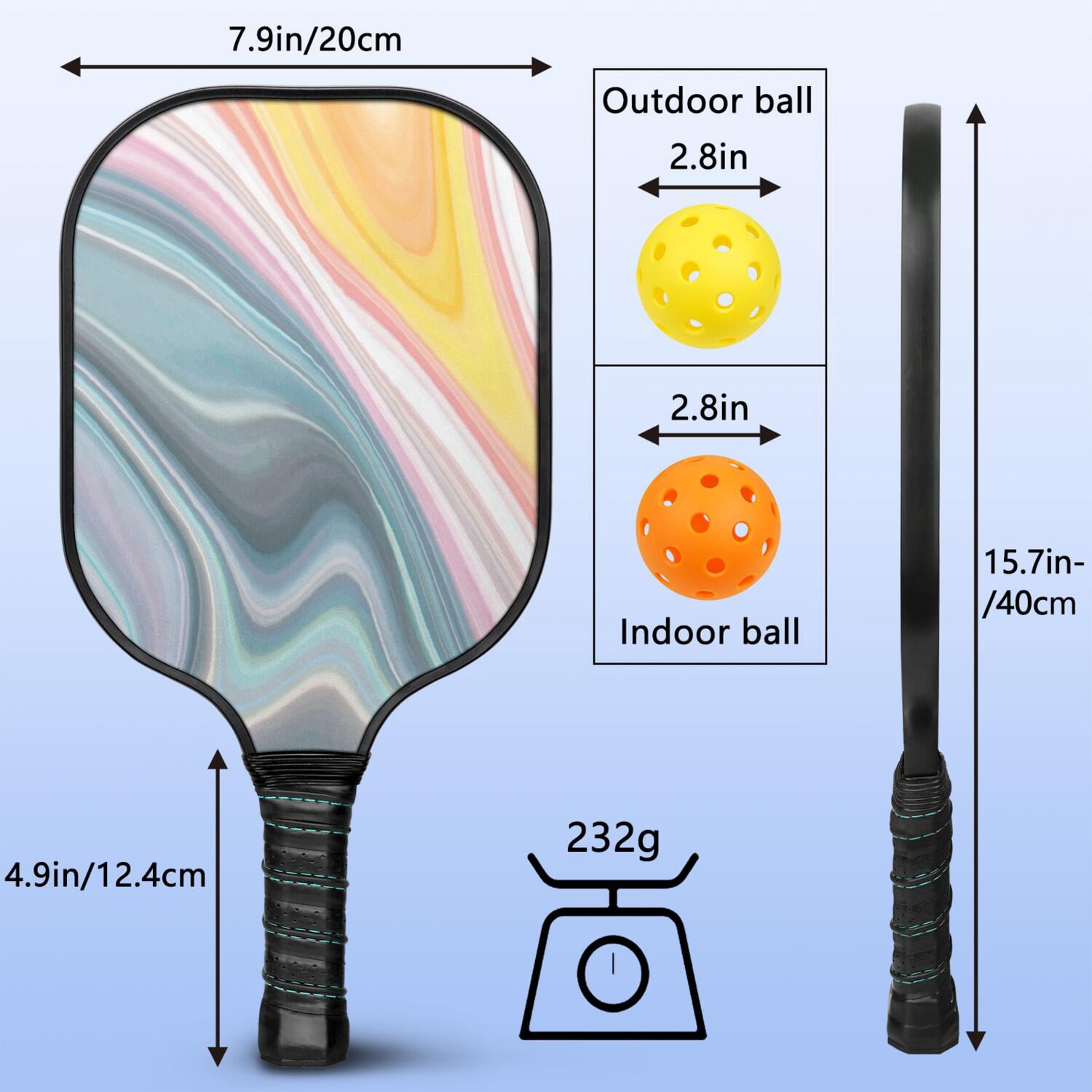 Pickleball Paddles Set Of 1, Fiberglass Surface, Liquid & Marble Print, 1 Paddles, 2 Balls & Bag