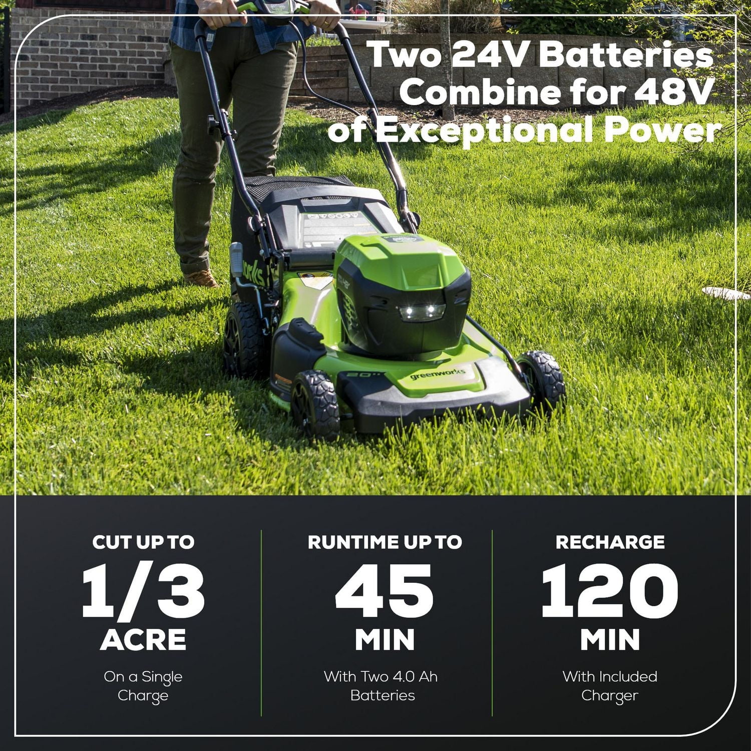Tondeuse manuelle Greenworks 48 V (2 x 24 V) sans balai, 20 pouces, 2 batteries 4 Ah et chargeur 4 A