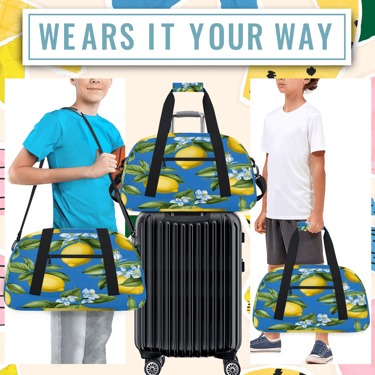 Herdesigns Green Yellow Lemon Sports Duffle Bag for Women & Men, Fruit Gym Bag Dance Bag Overnight Bag Carry On Weekender Travel Bag