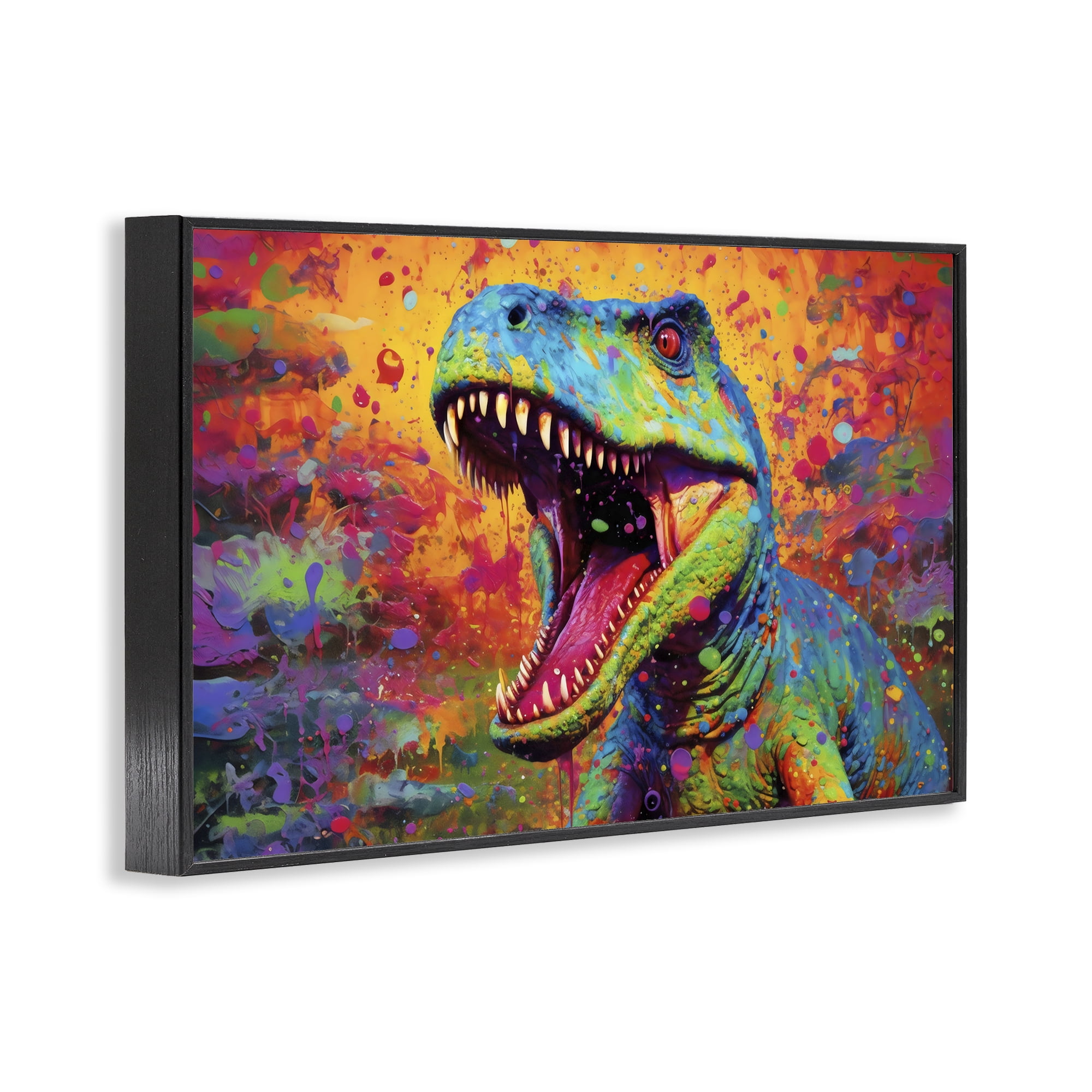 Stupell Industries Colorful T-Rex with Splatter Black Framed Giclee Art, design by Creative Studio