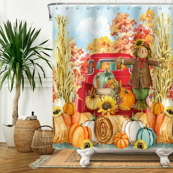 SUNOLIFE Fall Scarecrow Shower Curtain Autumn Pumpkins Thanksgiving Fabric Bathroom Curtain 72x72 in