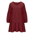 thumbnail image 4 of EGNMCR Robe à Volants pour Femme Été Col en V Couleur Unie Manches Longues Tunique Évasée Robe Grande Taille Tendance Décontractée Soleil Plage Mini Robes, 4 of 6