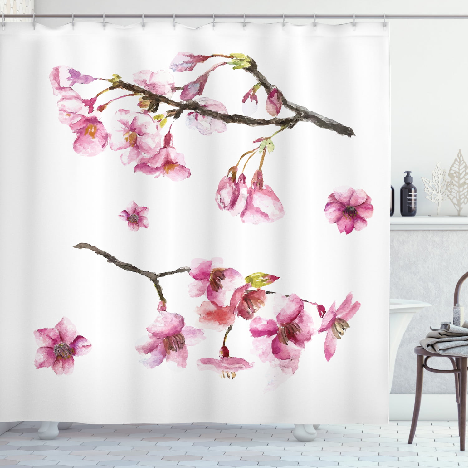 Pink Flowers Blooming Branches of Cherry Sakura Polyester Fabric Shower Curtain Bathroom Sets 69 X 72 Inches INTERESTPRINT Vintage Watercolor Spring Garden Home Bath Decor