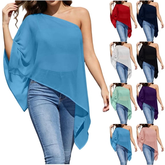 DDAPJ pyju Womens Sheer Poncho Shrug Elegant Chiffon Shawl One Shoulder Crop Ponchos Going Out Beach Cover Ups Asymmetrical Cape Pink XL