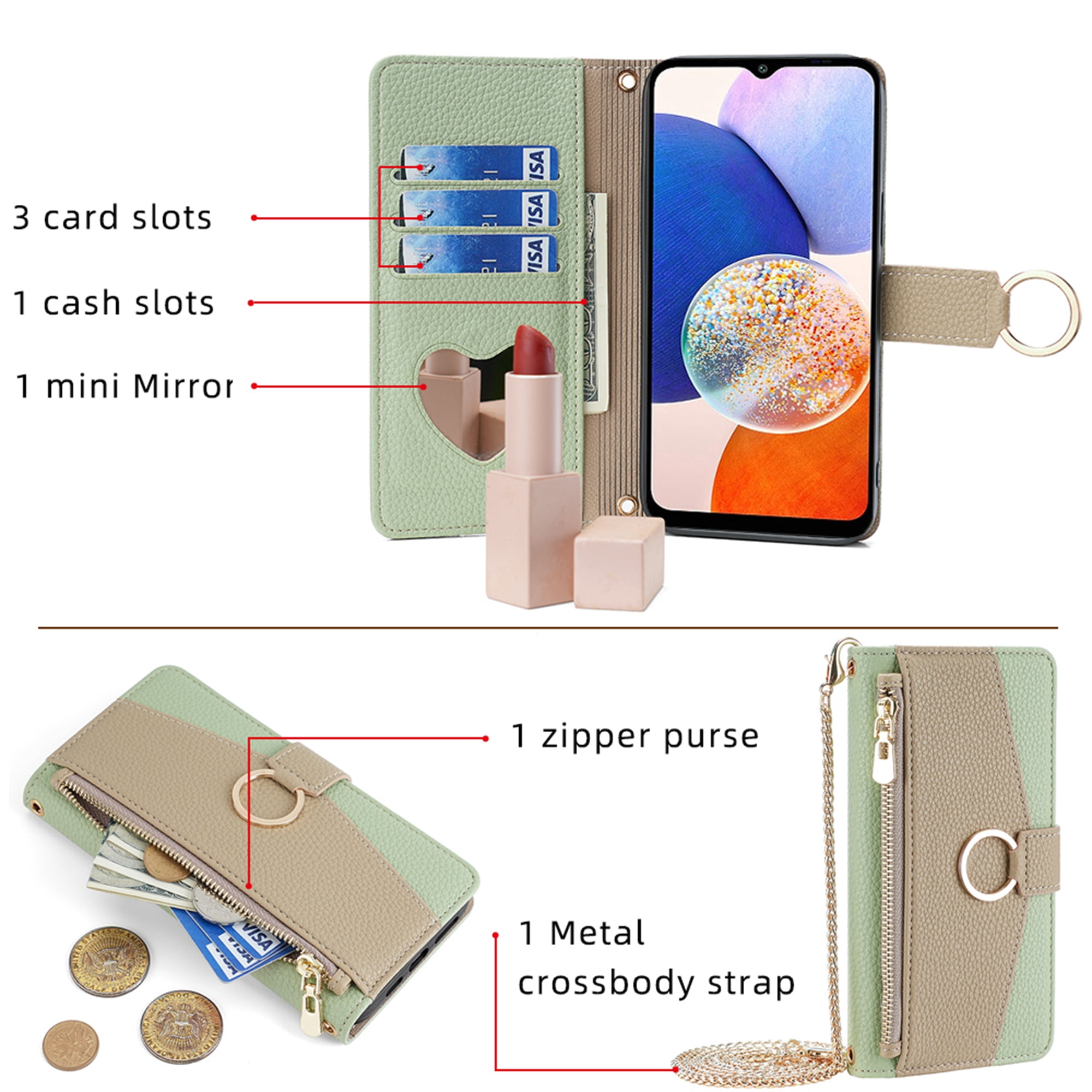 Dteck Crossbody Wallet Case for Samsung Galaxy A35 5G, Bicolor PU Leather Zipper Purse with Card Holder Mini Make-up Mirror for Women Girls,Folio Flip Phone Case with Magnetic Closure,Green