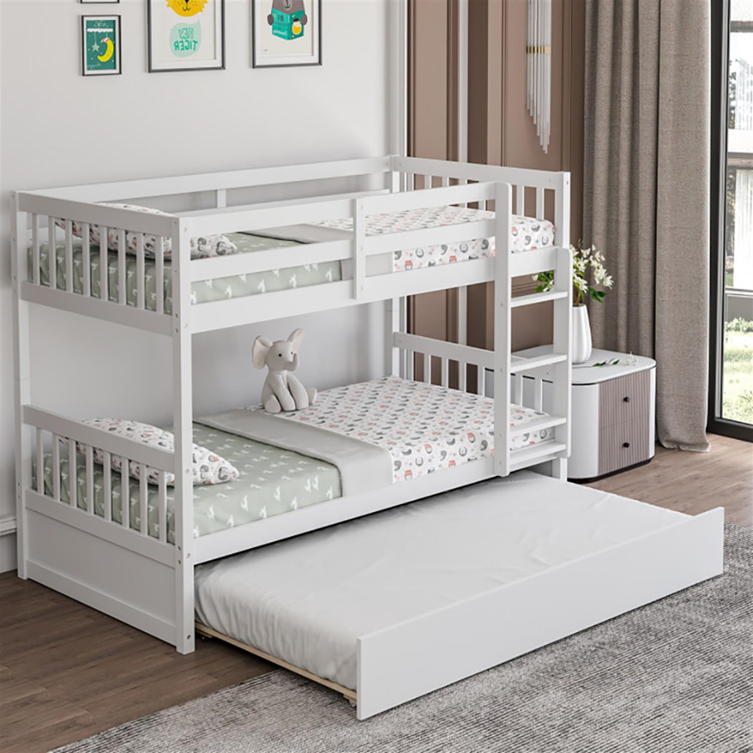 Demi Bonn Twin Pull-Out Bunk Beds with Ladder in the Steps and a Trundle, Twin Over Twin Bunk Bed Platform, White