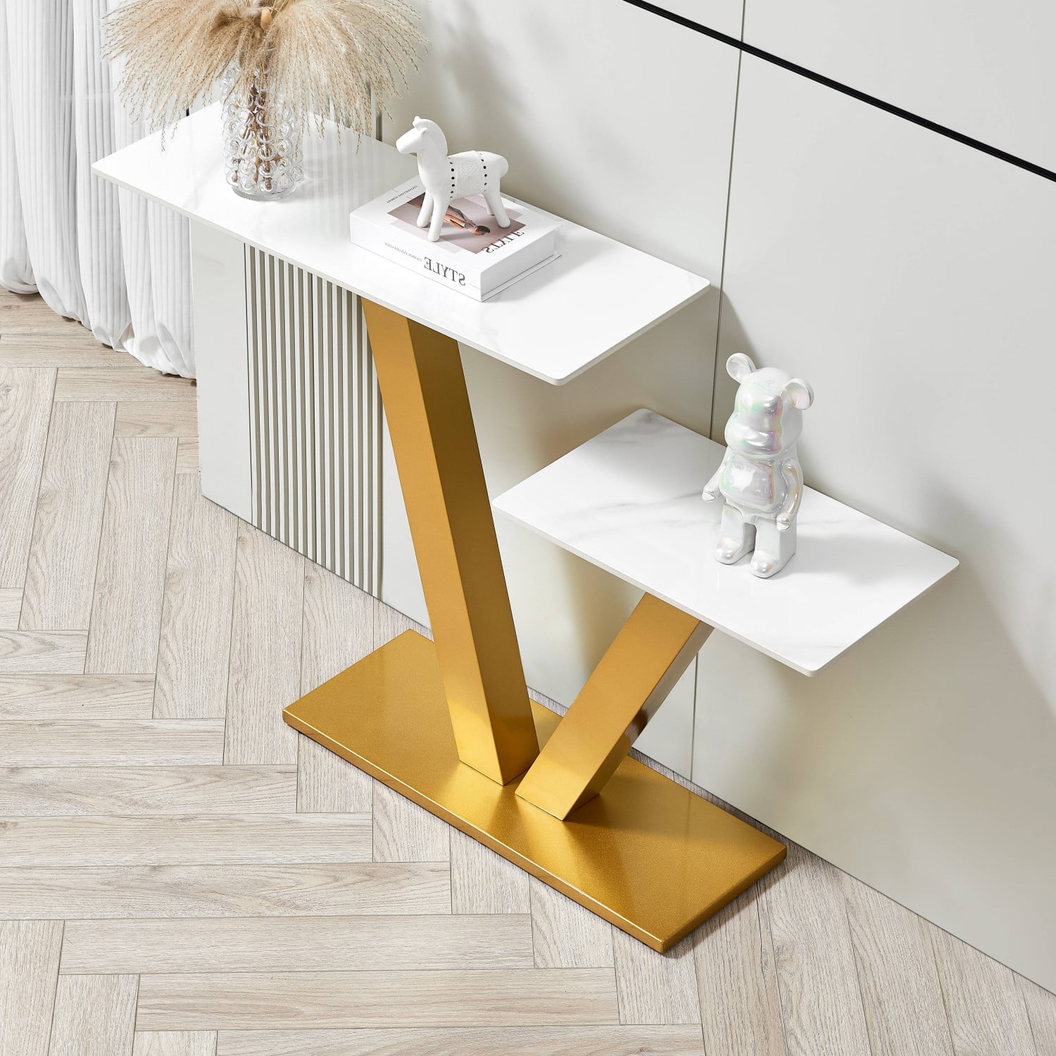 Gewnee Modern 2-Tier Console Table Entryway Sofa V-Shaped Accent Table with Metal Base And Adjustable Foot Pads for Hallway, Corridor