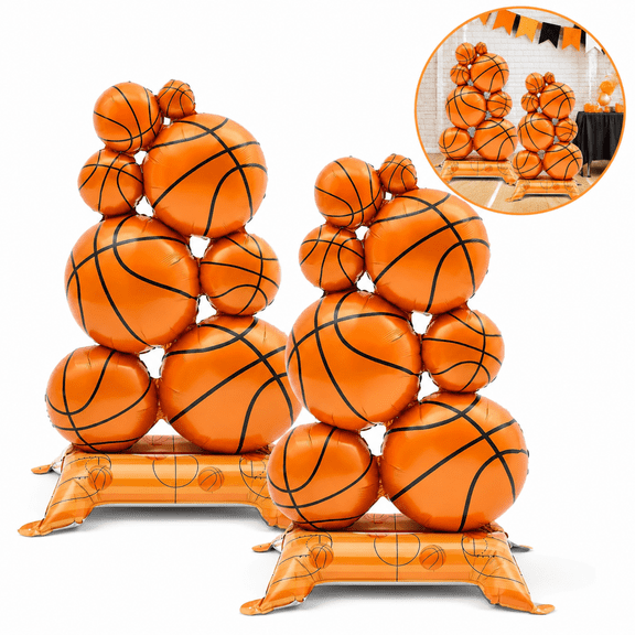 2 Pack Giant Standing Basketball Balloons 3.5ft - Self-Standing Inflatable Sports Party Decorations with Base, No Helium Needed for Birthday, Game Day, and Sports Themed Celebrations