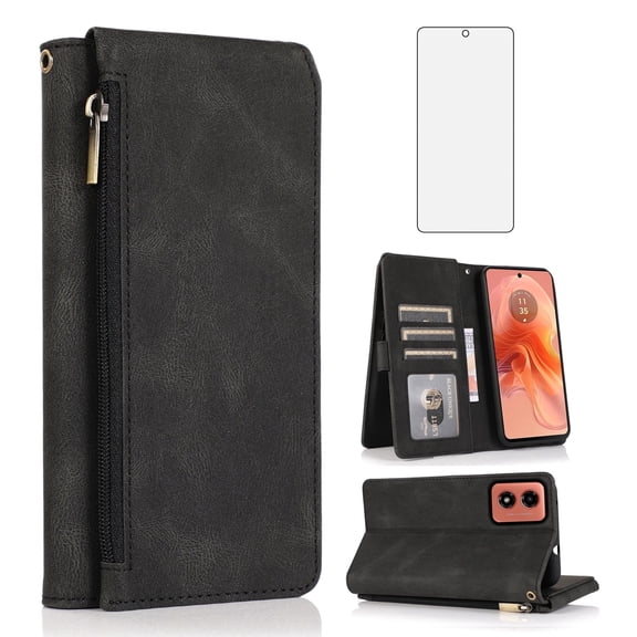 Asuwish Wallet Kickstand Hard Shell Cell Phone Case with Tempered Glass Screen Protector for Motorola Moto G04 / Moto G04s / Moto G24 / Moto E14, Black