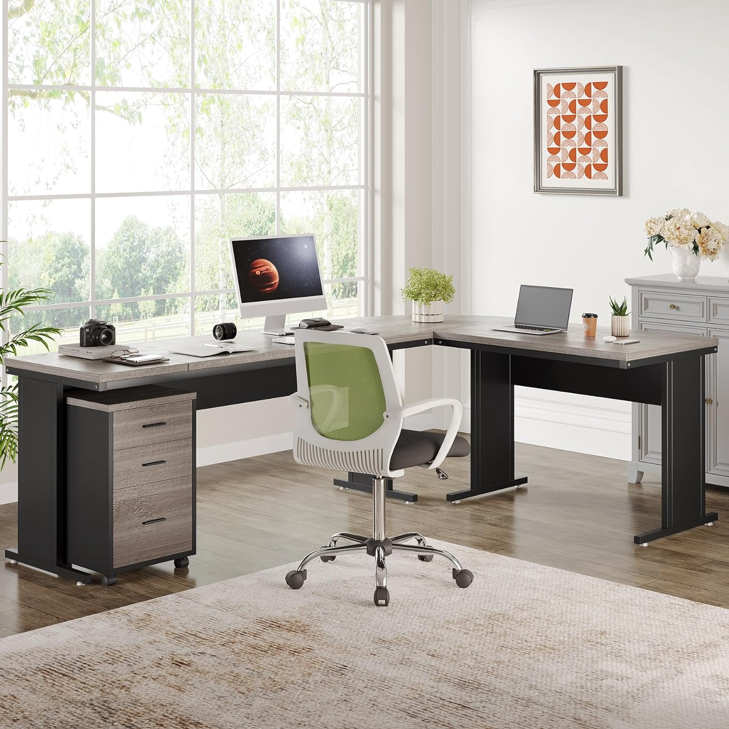Tribesigns Reversible Executive Desk with 3 Drawer File Cabinet, L Shaped Desk, Gray