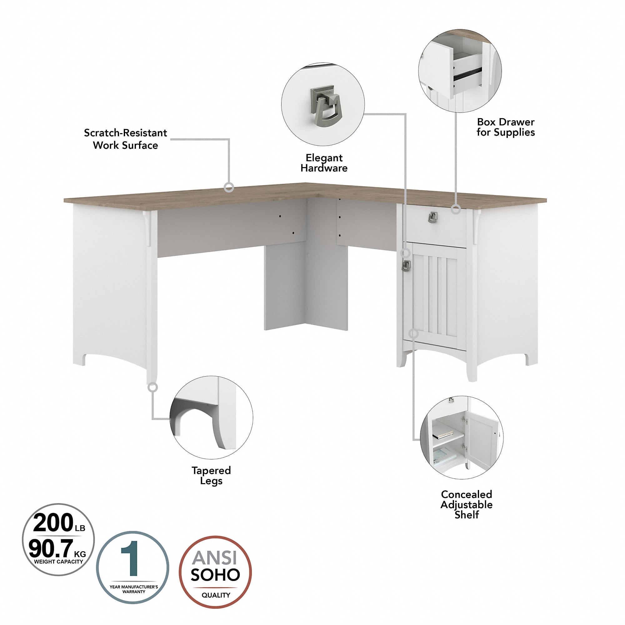 Salinas Farmhouse 60W L-Shape Computer Desk with 1 Box Drawer/1 Storage Cabinet in Shiplap Gray and Pure White