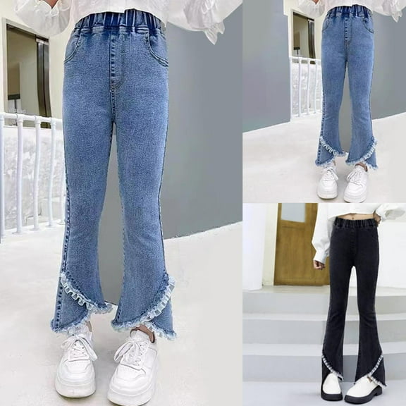 HAOTAGS High Rise Jeans Children's Plus Flared Leg Cargo Trousers Bootcut Pocket Girl Hop Streetwear Blue 5-6 Years