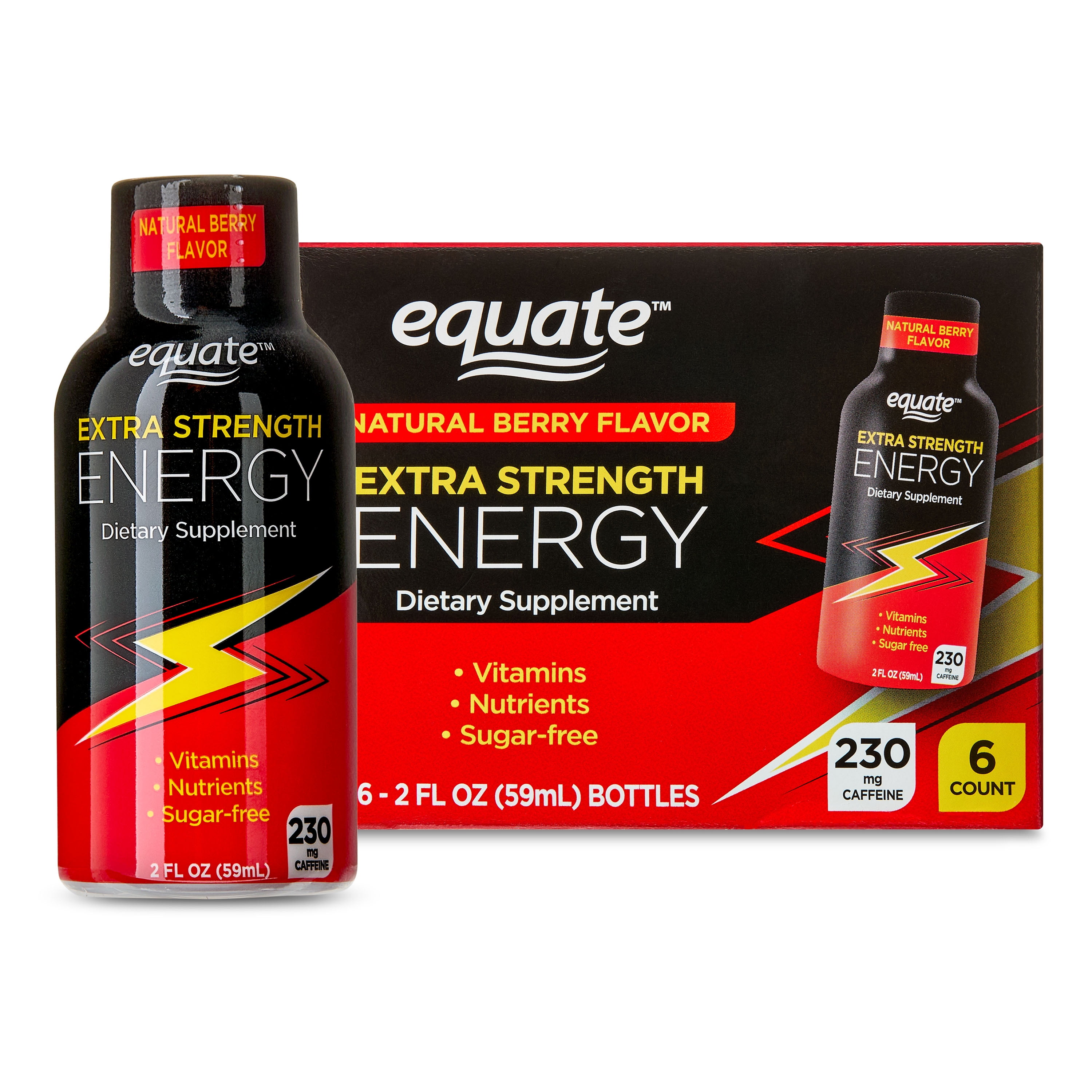 (4 pack) Equate Extra Strength Energy Dietary Supplement, Caffeine 230mg, Berry Flavor, 6 Pack