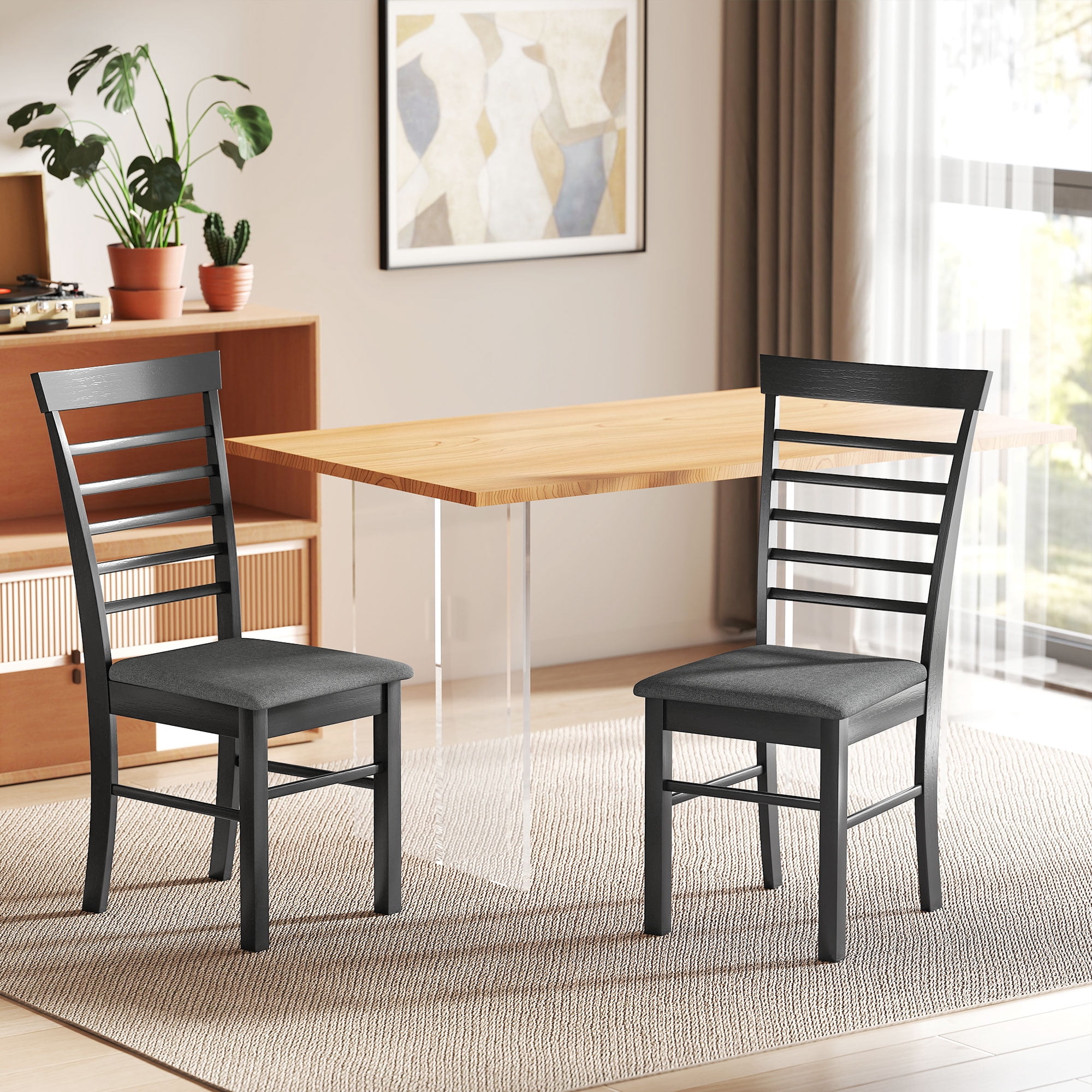 HOMCOM Wooden Dining Chairs Set of 2, Farmhouse Upholstered Kitchen Chairs with Rubber Wood Frame for Living Room, Dining Room, Black and Gray