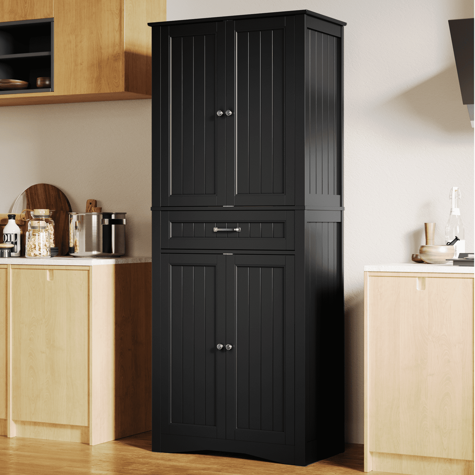 71" Tall Freestanding Storage Cabinet, 4 Doors, Adjustable Shelves and Large Drawer, Multi-Purpose Cabinet for Home Black