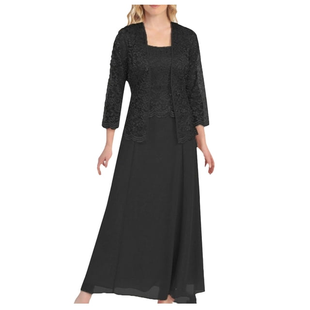 WTXUE Robes Maxi, Ensembles Jupe Deux Pièces Manches Longues Ligne A Col Ras du Cou, Femmes Découpes Dentelle Patchwork Ourlet Ample Robe Longue Décontractée Unie Maxi Grande Taille pour Femmes, Noir Taille TTG(US:12)