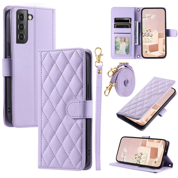 for Samsung Gaalxy S22 Wallet Case, Elegant PU Leather Shoulder Strap & Wrist Strap Kickstand Card Slots Magnetic Closure Full Body Protection Phone Case for Samsung Gaalxy S22, Purple