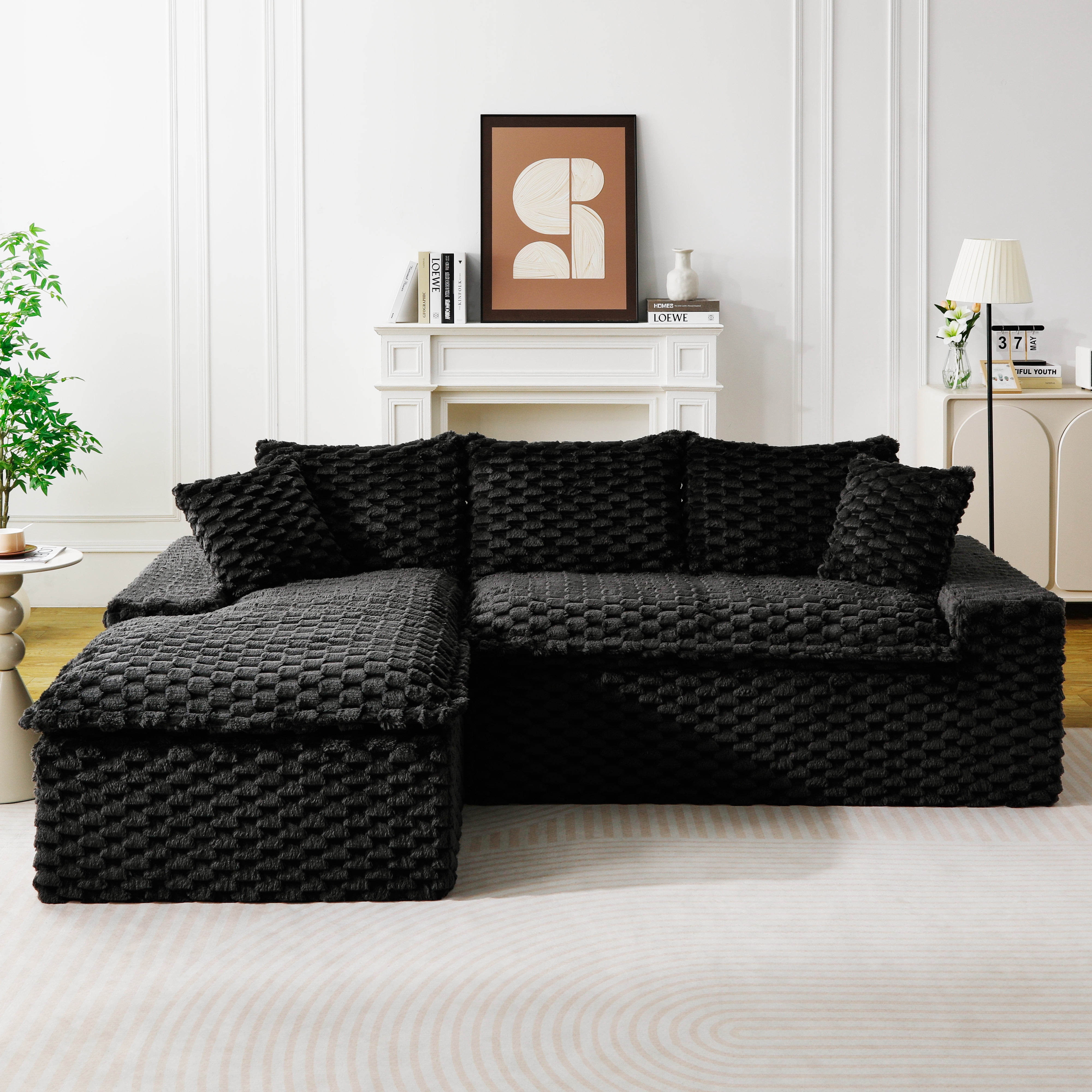 HOQBN 96"W Modular Sectional Sofa,L Shape Modern Corduroy Cloud Couch,Upholstered Deep Seat Boneless Sofa Couch with Left Chaise Lounge for Living Rooms,No Assembly Required,Black