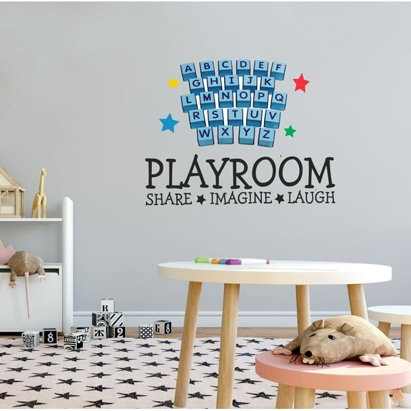 KIDS PLAYROOM - Nursery Child Care Art Educational Alphabet Chart Decoration Multicolored Letter Cubes & Stars Design Vinyl Kids Bedroom Inspirational Quotes Wall Decal Sticker 20" x 16"