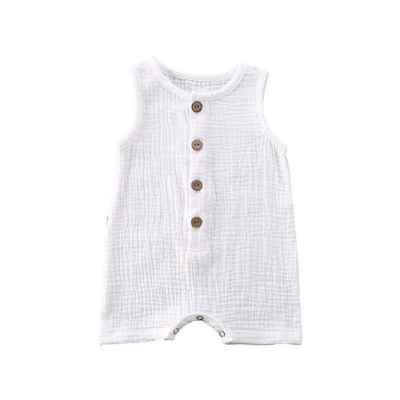

Binpure Infant Solid Color Romper Sleeveless Round Collar Button Open Front One-piece
