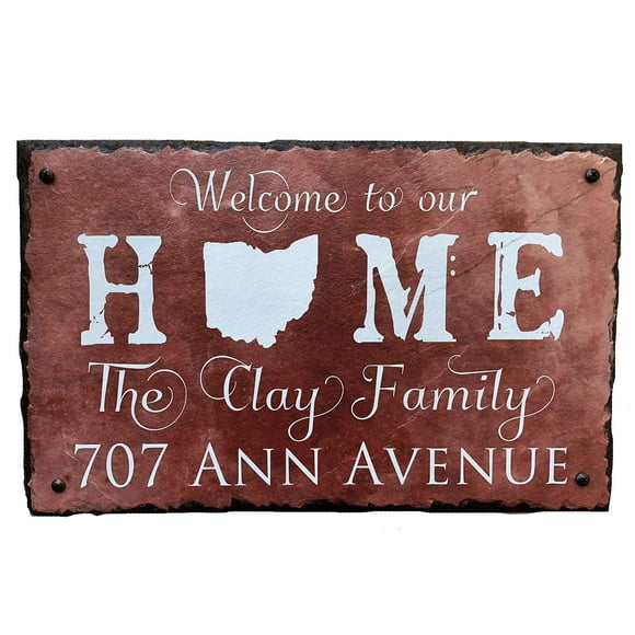 Sassy Squirrel Ink Personalized Slate Stone Address Plaque - "Welcome to our Home" Custom Family Names Sign - Personalized Wall Decor - Customizable Welcome Home Address Plaque (12"x8")