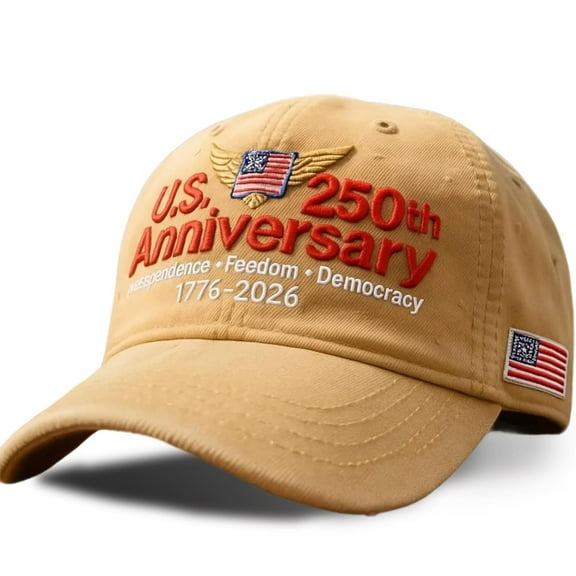 250th Anniversary Tribute Hat, Adjustable Retro Baseball Cap, Navy Edition Patriotic Style, U.S. Flag Detail, Commemorate 250 Years of American Legacy, Made in U.S., Khaki