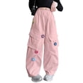 thumbnail image 2 of Crunowin Girls Cargo Pants, Elastic Waist Retro Multi Pockets Floral Patch Wide Leg Pants Size 4T, 2 of 8