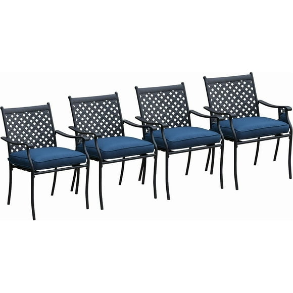 LOKATSE HOME 4 Piece Outdoor Dining Set - Wrought Iron Patio Metal Chairs with Armrest and Cushions for Garden Poolside Backyard, Blue