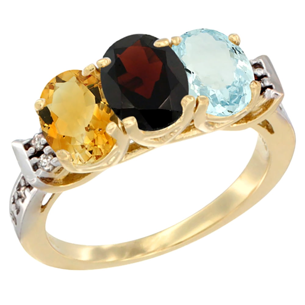 14K Yellow Gold Natural Citrine, Garnet & Aquamarine Ring 3-Stone 7x5 mm Oval Diamond Accent, sizes 5 10 by WorldJewels