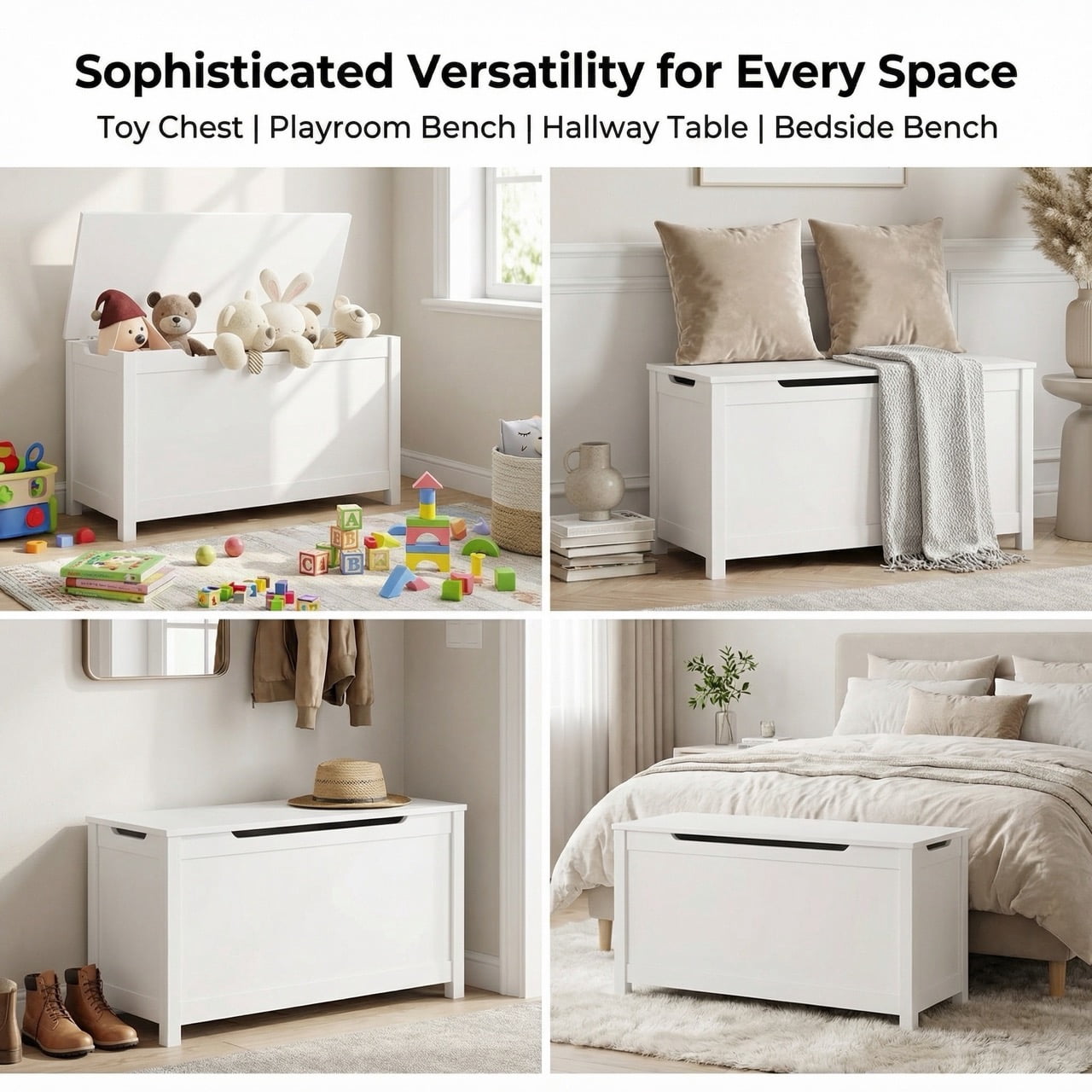 Large Wooden Toy Box for Toddlers, Multipurpose Storage Chest & Bench with Safety Lid, Organizer Cabinet for Kids Room and Nursery, White