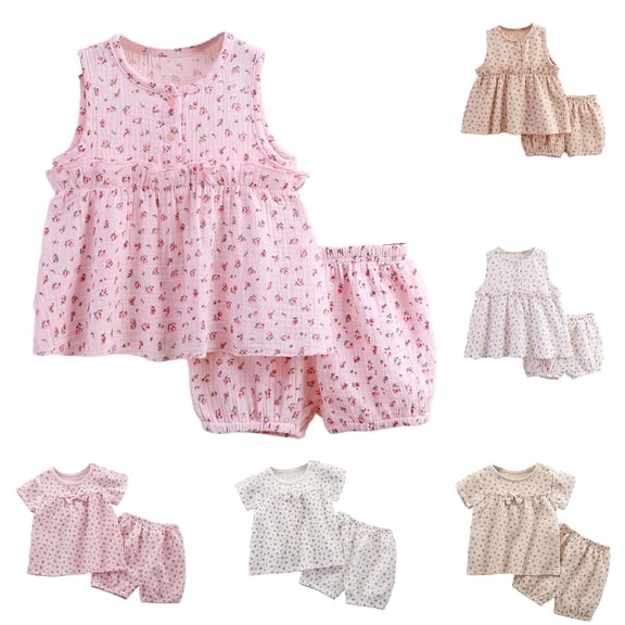 Bovxnpu Girls' Short Sets Girls Summer Gauze Floral Graphic Short Sleeve Crew Neck Shirt 2-Piece Sets Summer Outfits