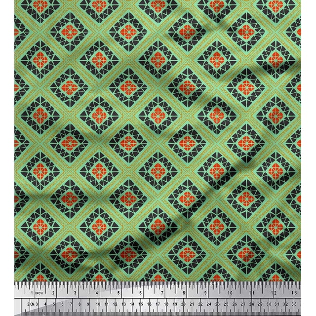 Soimoi Tissu Crêpe polyester Vert Carré & Triangle Géométrique Imprimé 1 Yard 42 Pouces de Large
