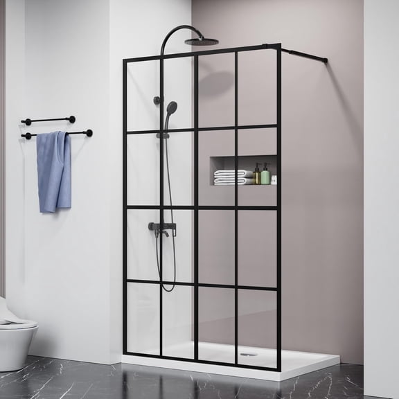 46"W x 72"H Walk-in Shower Screen Door, 0.2"(5mm) Glass, Black, Adjustable Support