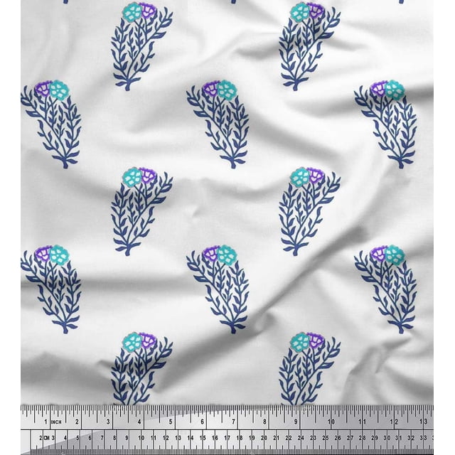 Soimoi Poly Georgette Fabric Leaves & Floral Block Printed Fabric 1 Yard 52 Inch Wide