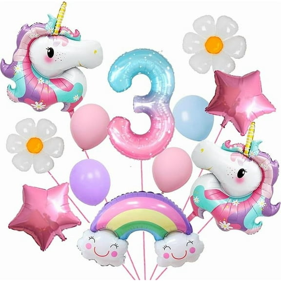Unicorn 3rd Birthday Party Decorations for Girl Purple Pink Unicorn Party Theme Balloon Set, Daisy Balloon Rainbow Birthday digital balloon gender Reveal baby bath unicorn theme Party Decorations
