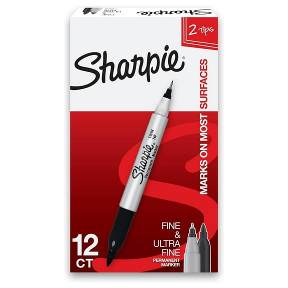 Twin Tip Permanent Markers, Fine and Ultra Fine, Black, 12 Count