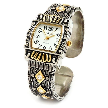 - 2Tone Western Style Decorated Crystal Band Women's Bangle Cuff Watch