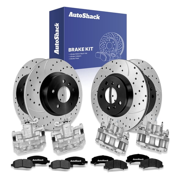 AutoShack Front & Rear Brake Rotors, Premium Pads & Calipers for Buick, Lucerne 2006-2011, FWD V6 3.8L 3.9L - E-Coated Drilled & Slotted - ShadowGuard