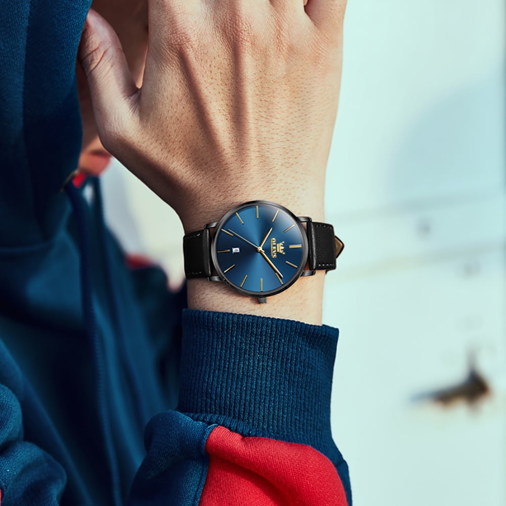 OLEVS Watches for Men Minimalist Ultra Thin Fashion Casual Analog Quartz Date Watch Waterproof Slim Simple Big Face Dress Mens Wrist Watches with Retro Leather Band for Men Reloj para Hombre