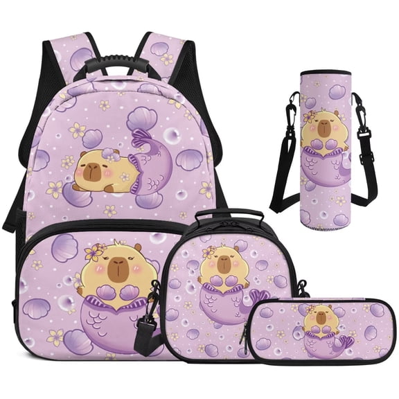 Jeiento Capybara Backpack for School Boys Girls 17 Inch 4 PCS Backpack with Lunch Box Pencil Case Water Bottle Holder Travel Daypack Sport Bookbag for Boys Middle School, Purple